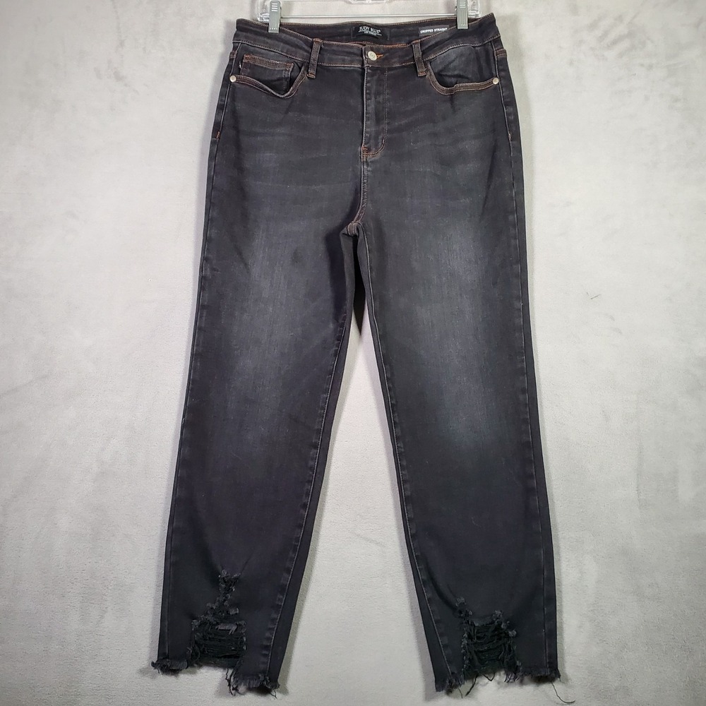 Judy Blue Jeans Womens 32 Black Cropped Straight Frayed Hem Stretch Denim Grunge